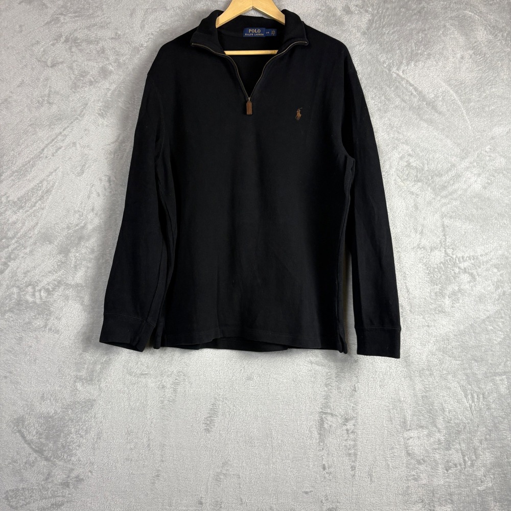 Polo Ralph Lauren Sweater Quarter Zip Large Black Cotton Pony Logo Pullover